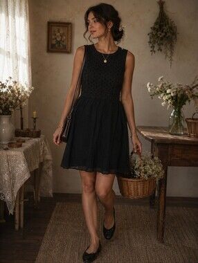 Italian brand OVS black 100% cotton embroidered eyelet fit & flare Romantic